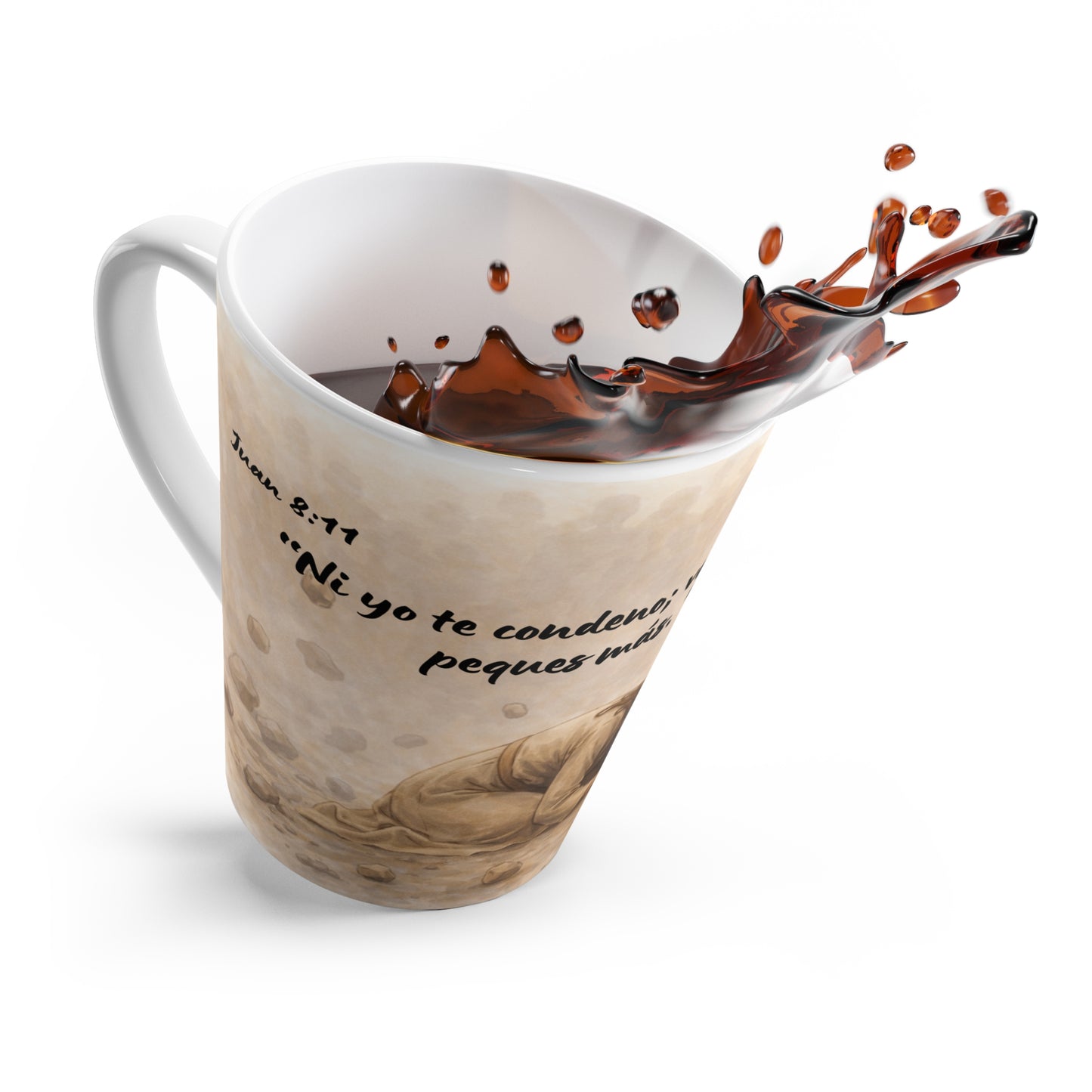 Latte Mug — Juan 8:11 'Ni yo te condeno'