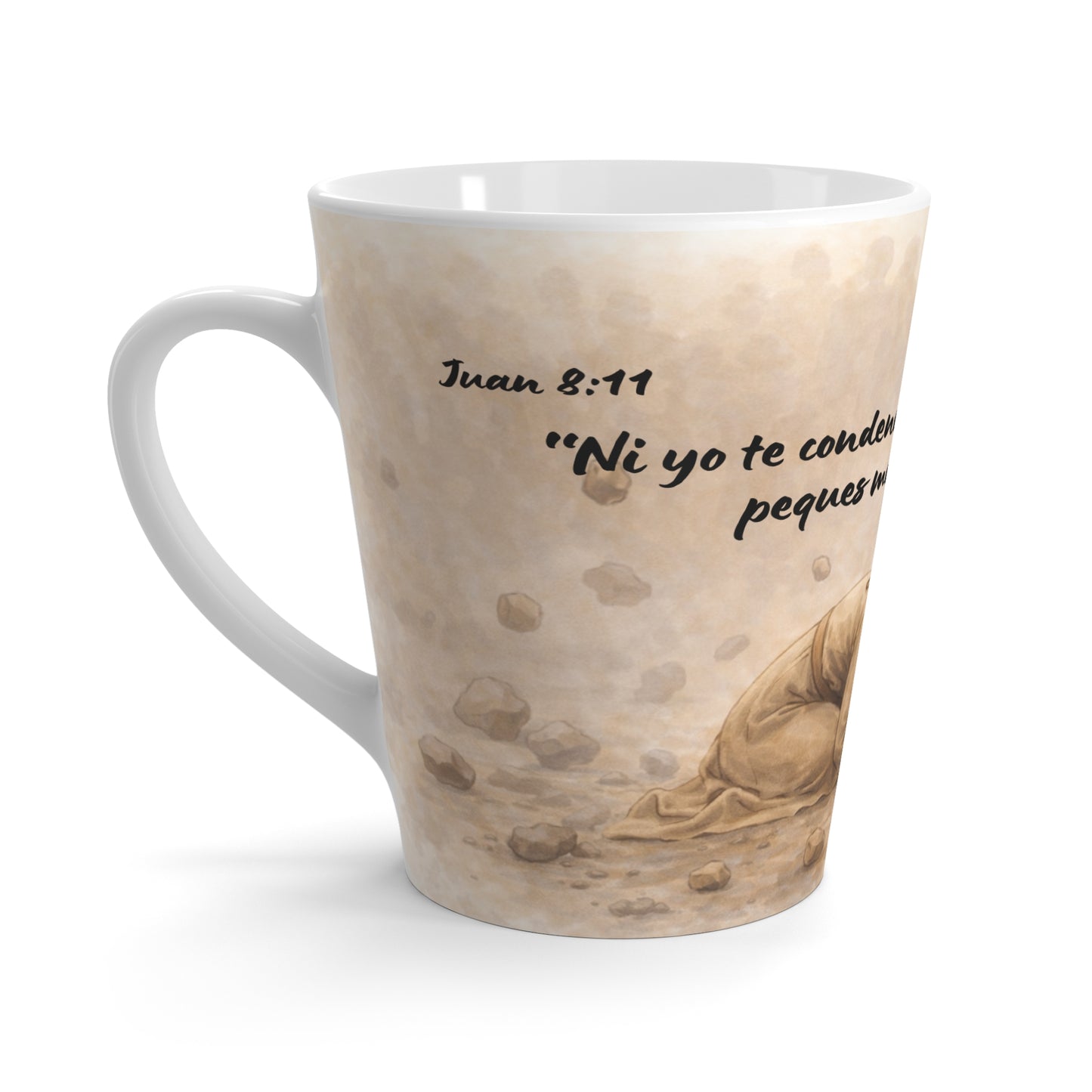 Latte Mug — Juan 8:11 'Ni yo te condeno'