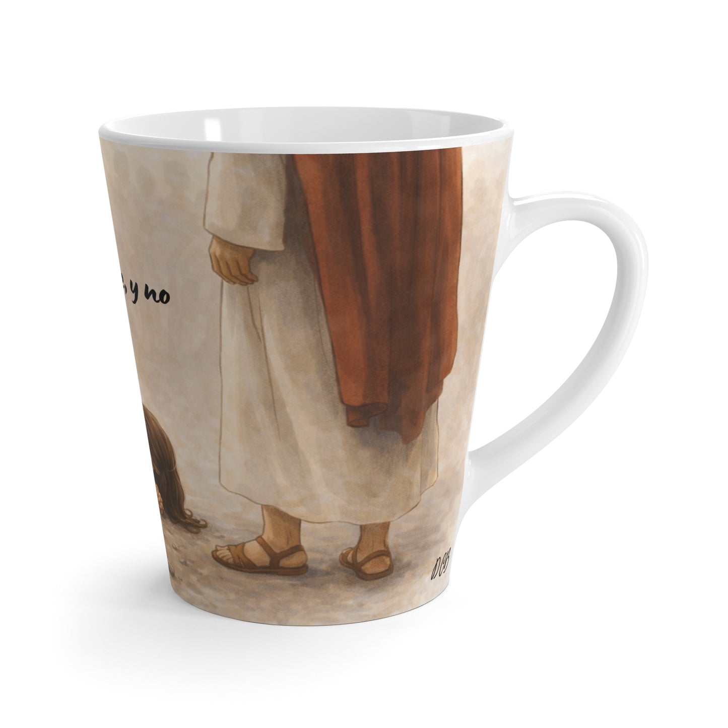 Latte Mug — Juan 8:11 'Ni yo te condeno'