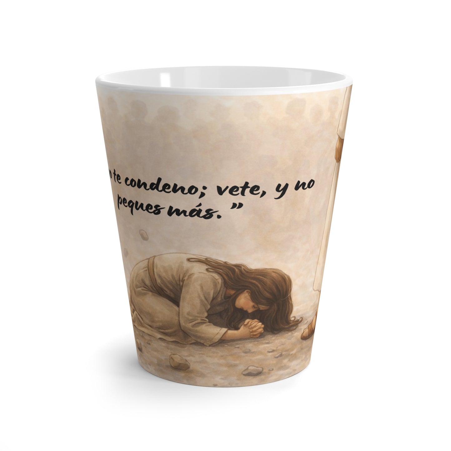 Latte Mug — Juan 8:11 'Ni yo te condeno'